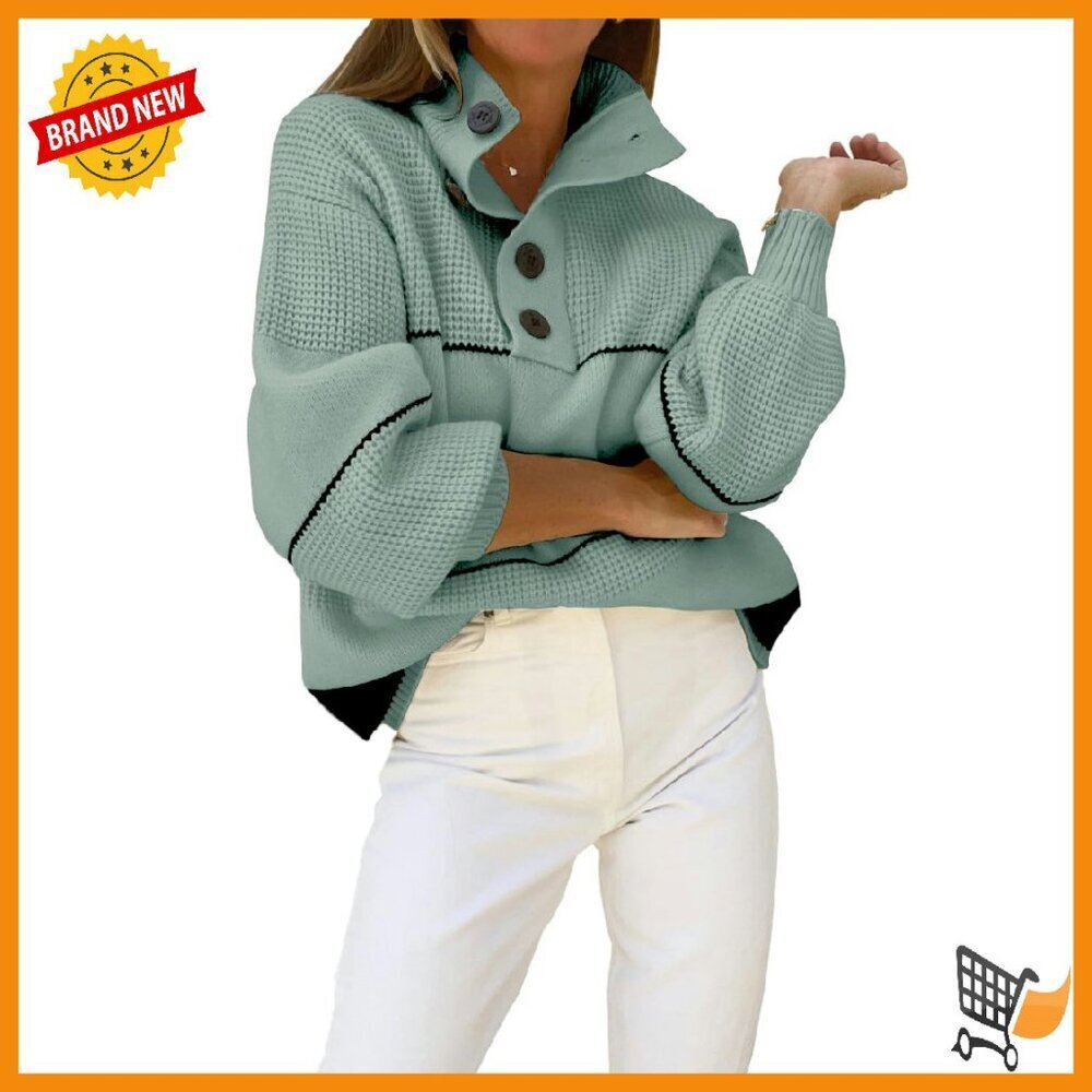 Slouchy Waffle Knit Sweater Polo Collar Pullover Oversized Tops